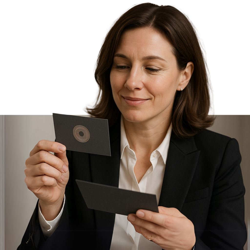 Imagem - Mulher analisando Cartão de visita - Projetos Gráficos